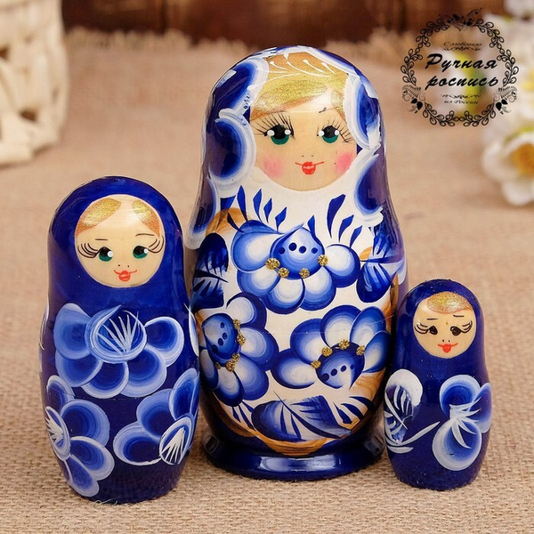 Матрешка 'Марина', сине-белое платье, 3 кукольная. 9-11 см - купить по ...