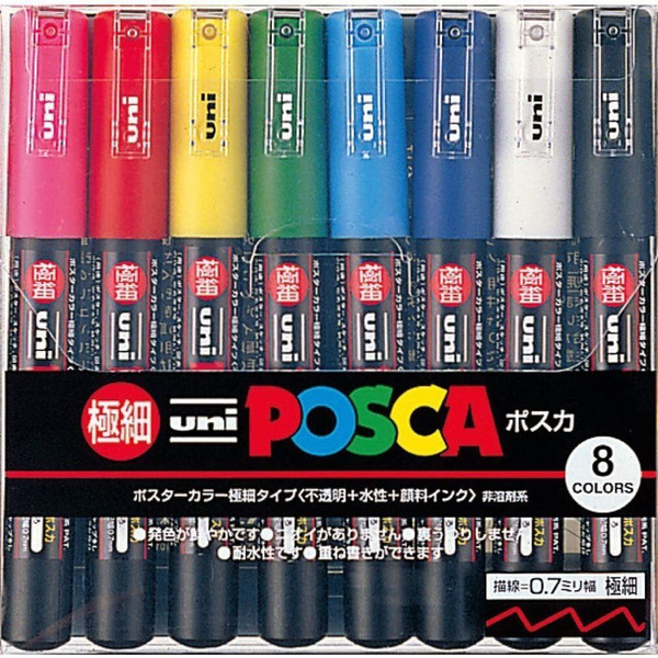Маркеры UNI Posca 1M набор из 8 стандартных цветов толщина 0.7мм ...
