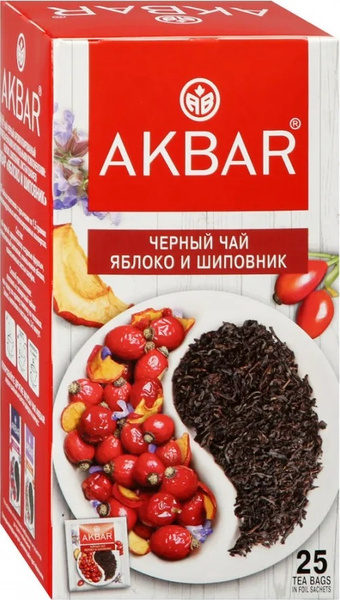 Чай в пакетиках АКБАР Яблоко и шиповник, черный, ароматизированный, 25 ...