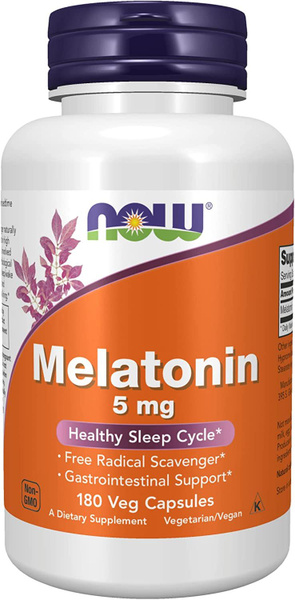 NOW Мелатонин 5мг (5 mg), 180 капсул, для сна, нервной системы ...