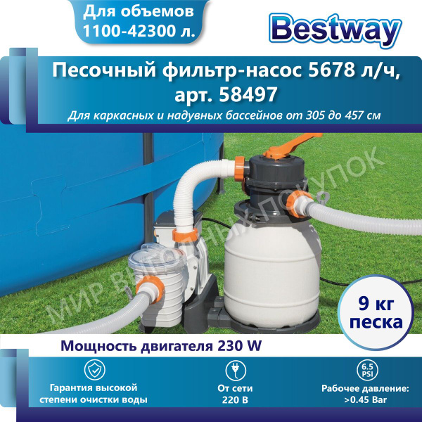 Песочный фильтр насос для бассейна 5678 л/ч Bestway 58497, Песчаный ...