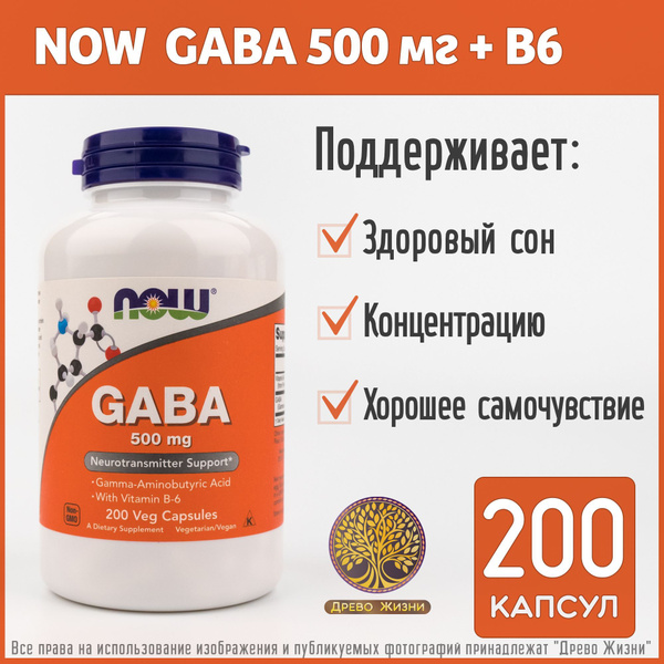 NOW GABA - ГАБА (ГАМК) 500 мг + B6, 200 капсул - купить с доставкой по ...