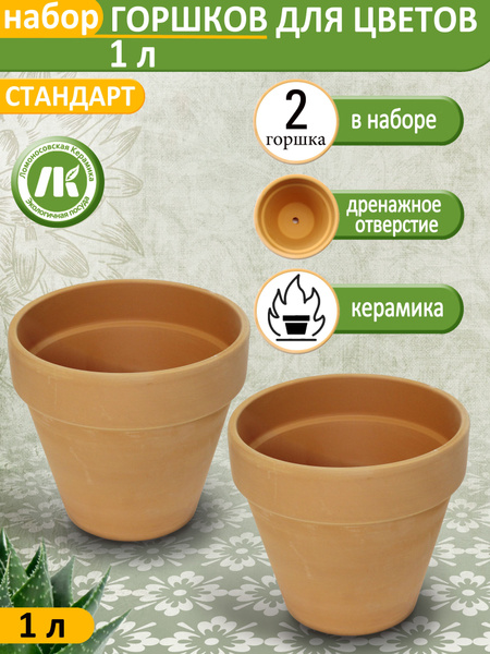 Горшок для цветов без поддона "Стандарт" Терракот, d15см, 1л, набор 2шт ...