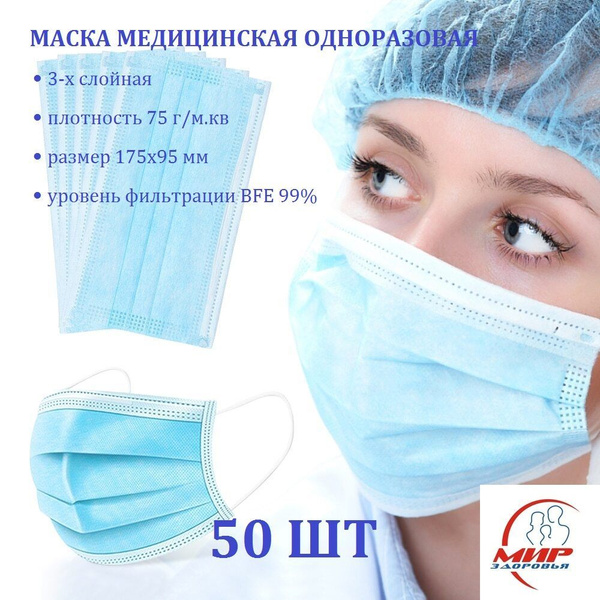 Маска медицинская одноразовая нестерильная 50 шт. 3-х слойная с ...