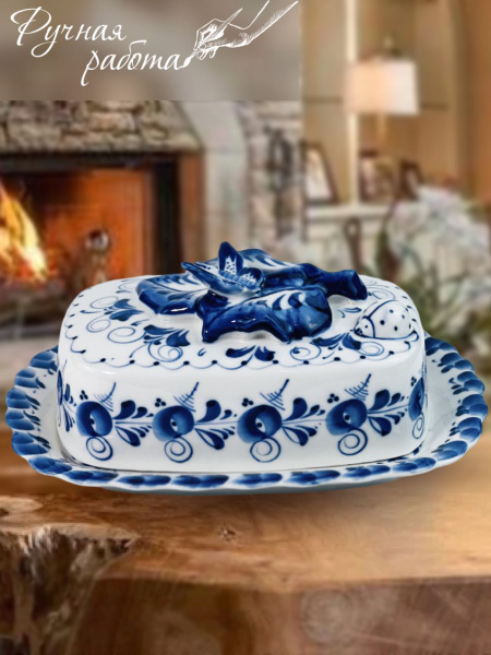 Масленка "Божья коровка", длина 20 см. Объединение Гжель. Ручная работа ...