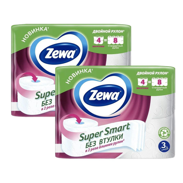Туалетная бумага Zewa Super Smart без втулки 4 рулона 3 слоя 2 пачки ...