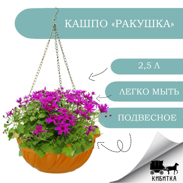Кашпо для цветов подвесное "Ракушка" на цепочке объемом 2,5л, 26х11см ...