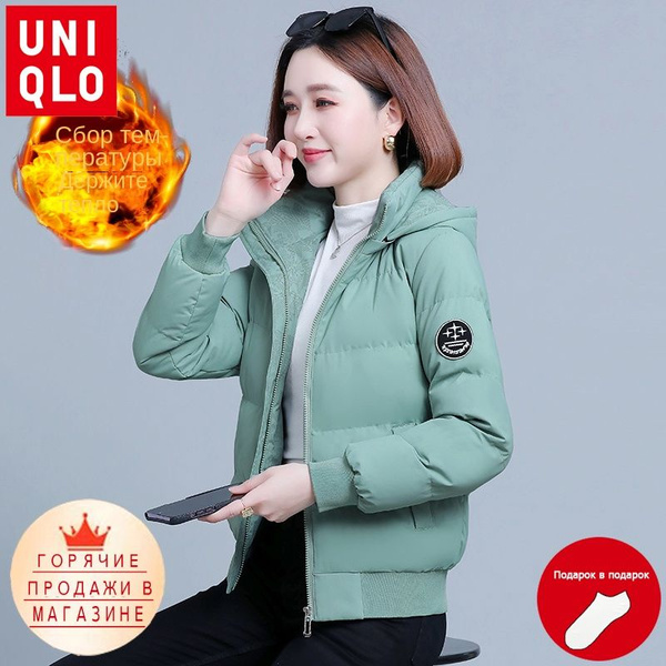 Пальто Uniqlo, Еврозима, размер 52, цвет зеленый, Стрейч-коттон ...