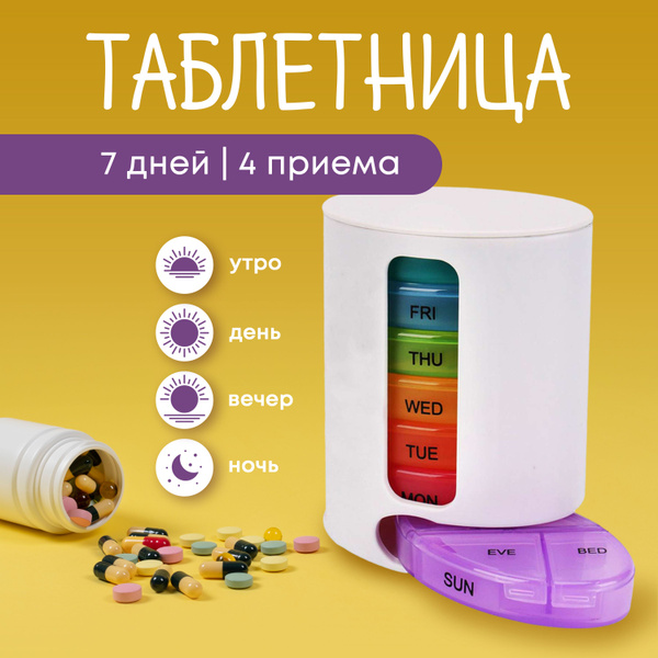 Таблетница на неделю 4 приема (надписи: утро, день, вечер, ночь ...