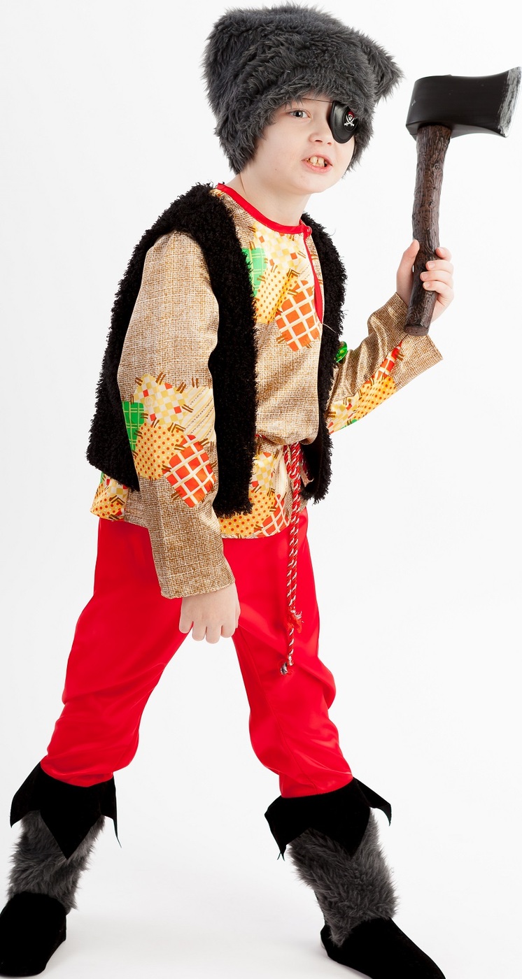 фото Карнавальный костюм Разбойник жилет, рубашка, брюки с сапогами, шапка, повязка на глаз, пояс размер 140-72 Пуговка