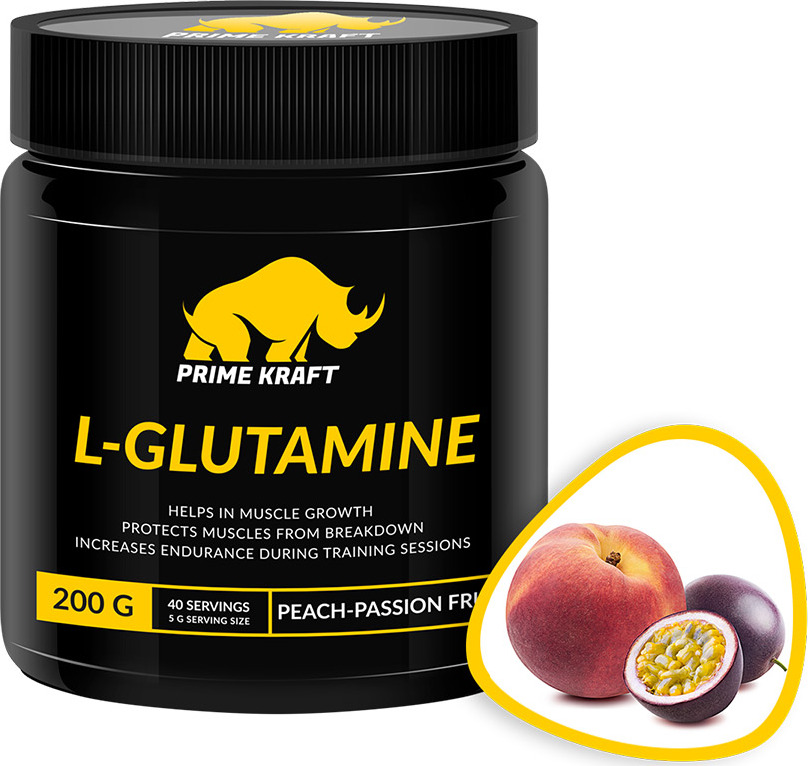 фото Напиток сухой Prime Kraft "L-Glutamine", коктейль фруктово-ягодный, персик-маракуйя, 200 г