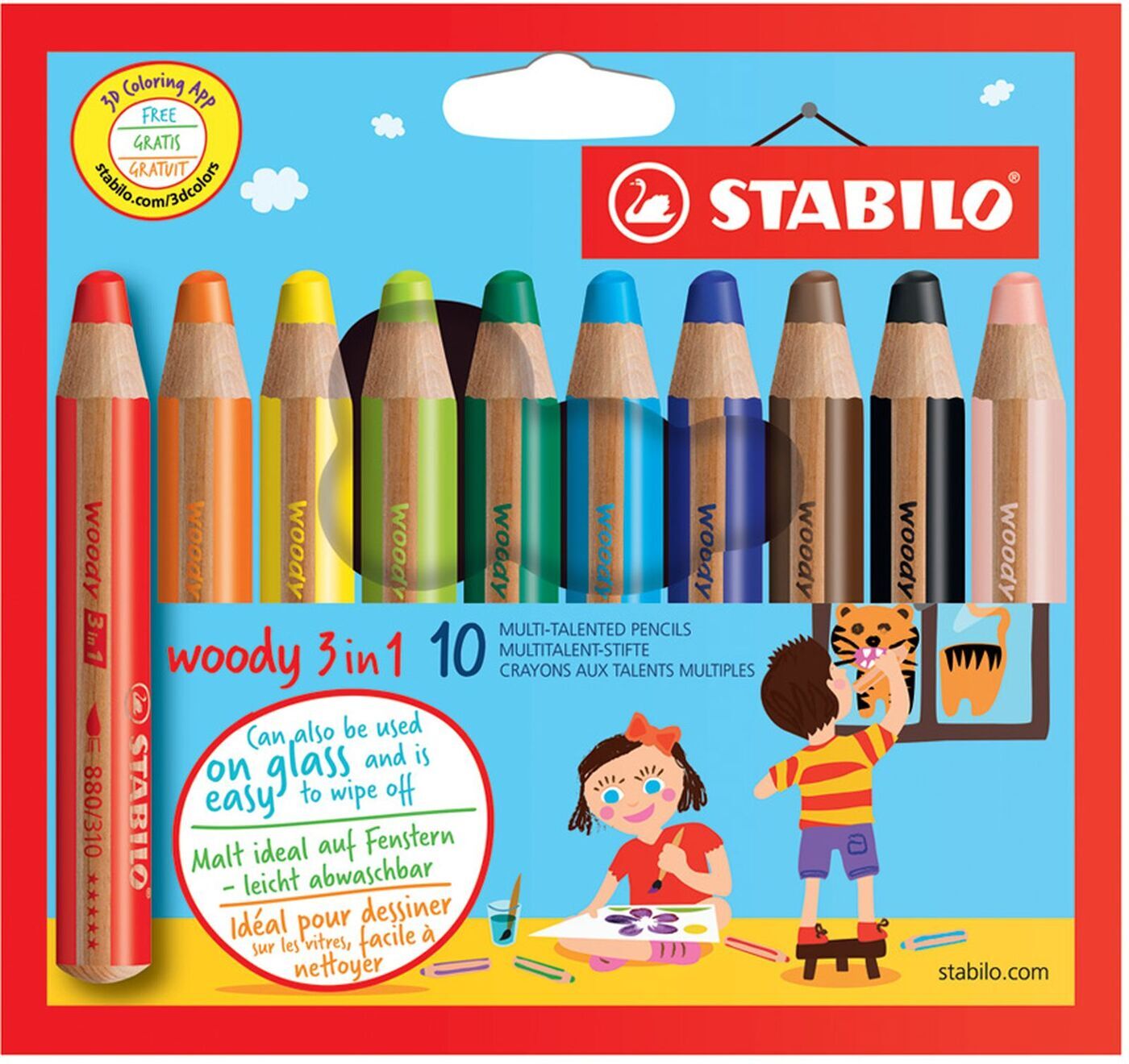 Набор STABILO Woody 3 в 1: карандаш + акварель + восковой мелок, утолщенные, 10 цветов - изображение