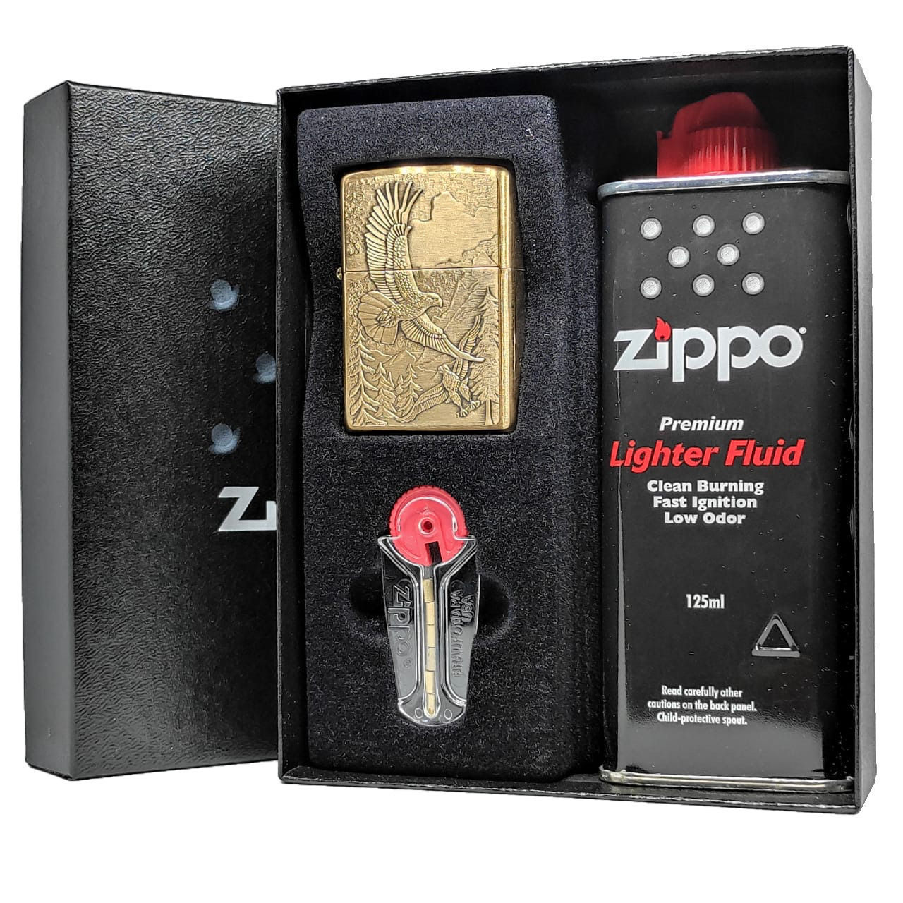 ПодарочныйнаборZIPPO(ЗажигалкаZIPPOEaglesспокрытиемBrushedBrass+кремни+топливо,125мл)