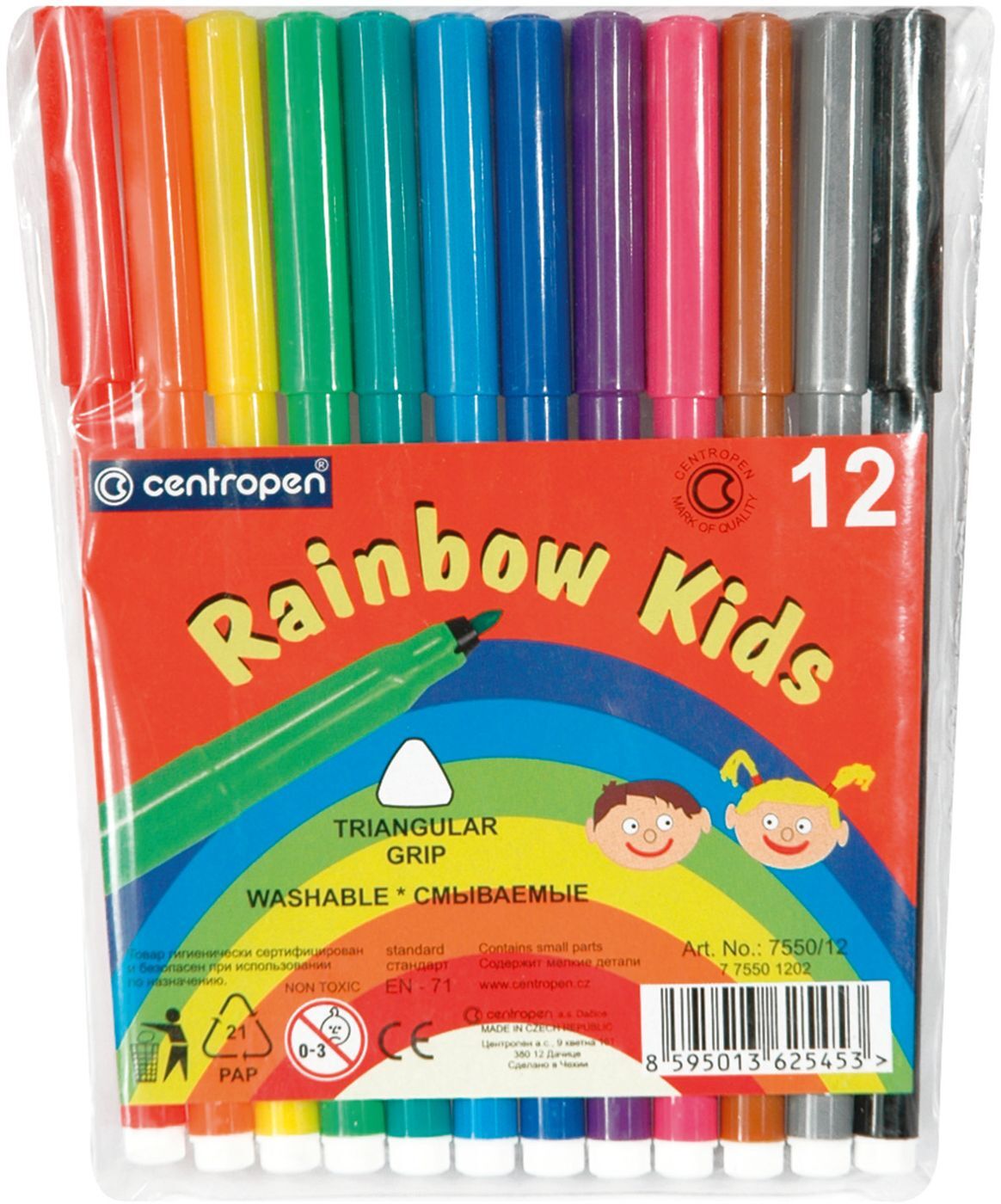 Набор фломастеров смываемых Centropen Rainbow Kids, на водной основе, 12 шт