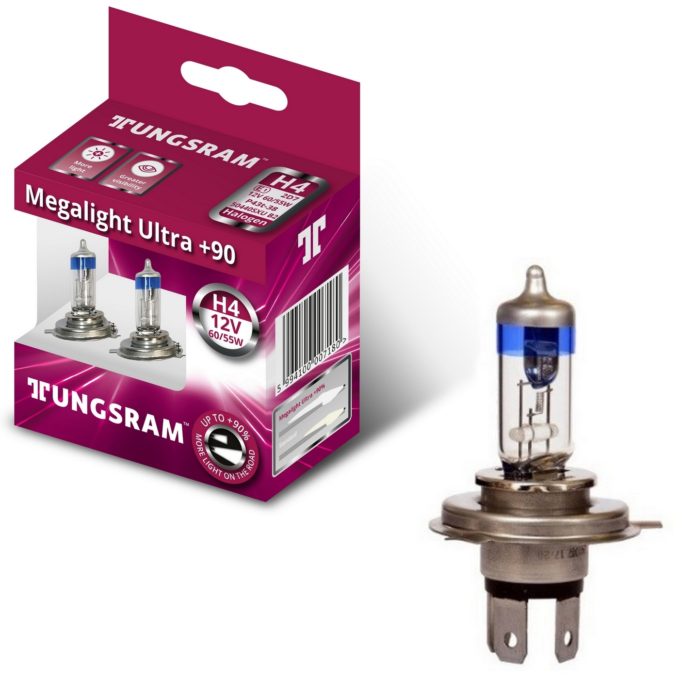 Лампы TUNGSRAM "Megalight Ultra +90", H4, +90%, 12V, 60/55W, P43t ...