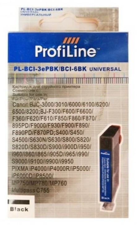 КартриджProfiLinePL-BCI-3ePBk/BCI-6BkдляпринтеровCanonBJS400/s450/s800/f300/f900/f930/CanonBJC3000/CanonPIXMAMP750/MP760/MP780своднымичерниламиBlack