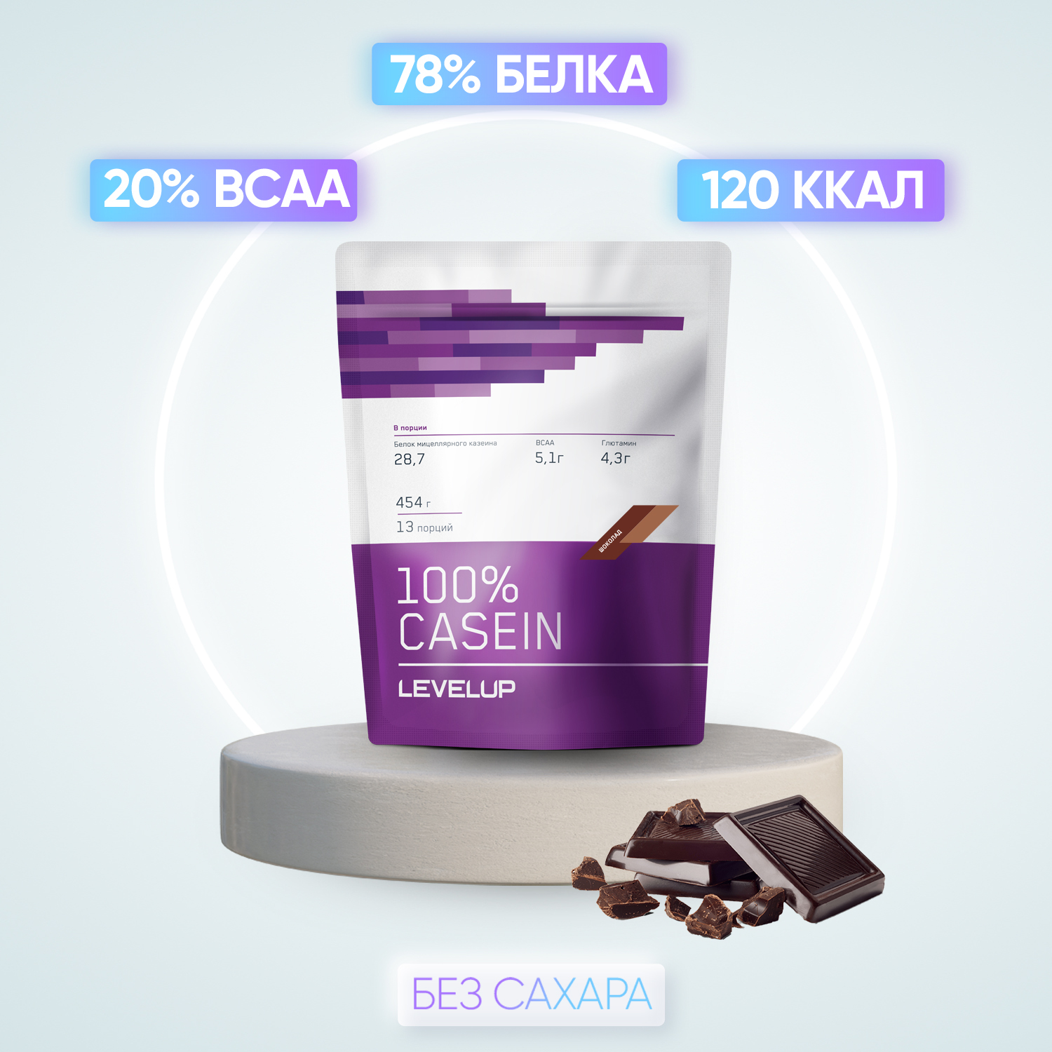 Казеин, LevelUp, 100% Casein, 454 г, Шоколад,