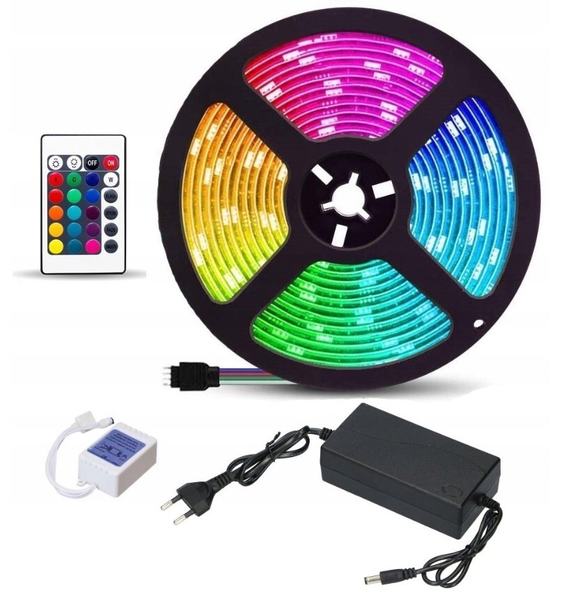 Светодиодные набор. Лента светодиодная RGB, 5м, (адаптер, трансформ., пульт). Лента RGB 2835 С пультом. Лента светодиодная RGB, 5м, контроллер. Светодиодная лента RGB разноцветная 5м, с пультом Ду.