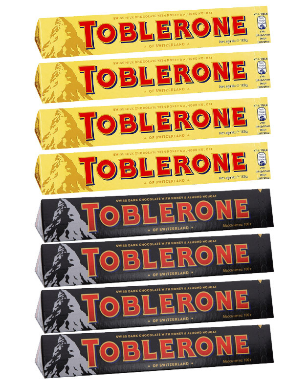 TOBLERONEшоколадсмедово-миндальнойнугойнабор(молочныйигорький)100гр,8шт