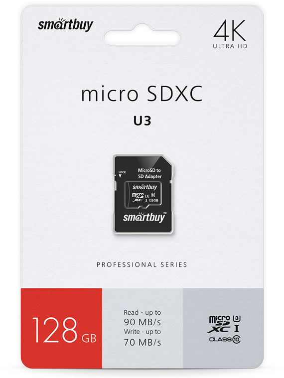 КартапамятиmicrosdSmartbuy128GBClass10SDXCPROU3R/W:90/70MB/s(садаптеромSD)