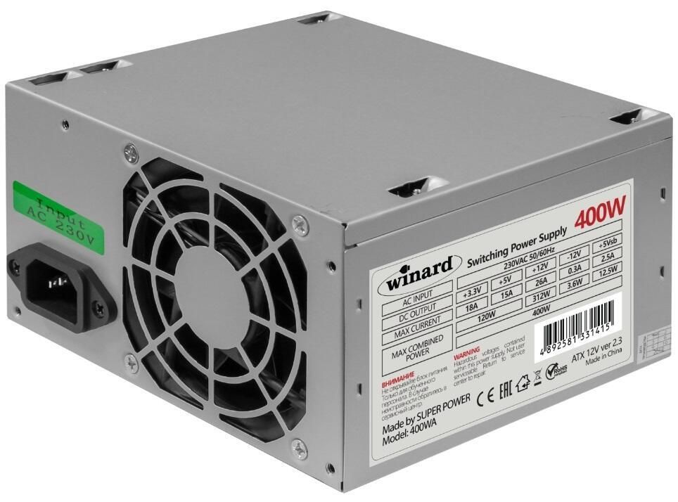 БлокпитанияWinard400W(400WA)серый-400Вт,20+4pin,4pinCPU,2SATA