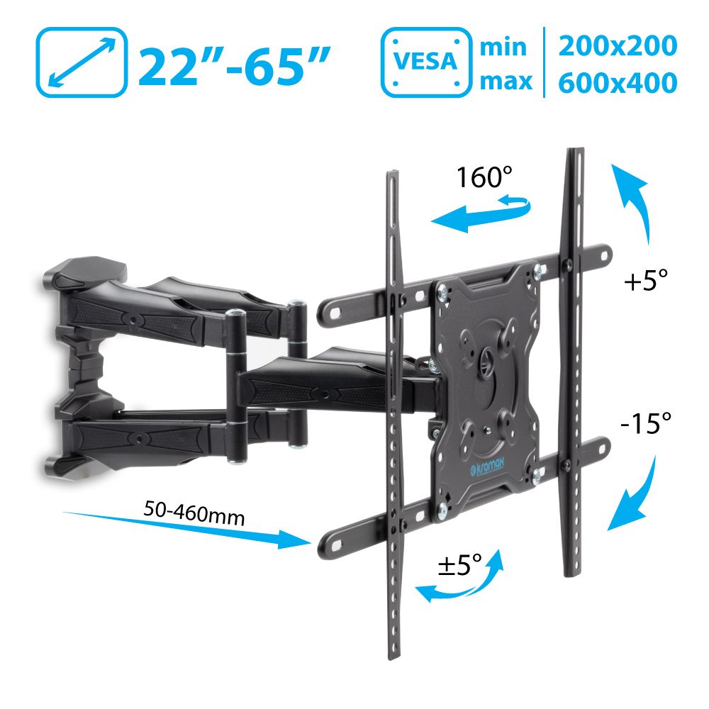 Кронштейн для телевизора настенный Kromax ATLANTIS-46 / до 65 дюймов / наклонно-поворотное крепление для тв