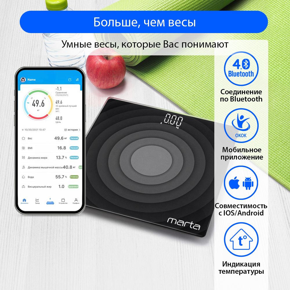 Умные весы MARTA MT-SC3603 диагностические с синхронизацией IOS и ANDROID по Bluetooth, 26х26 см, черный жемчуг