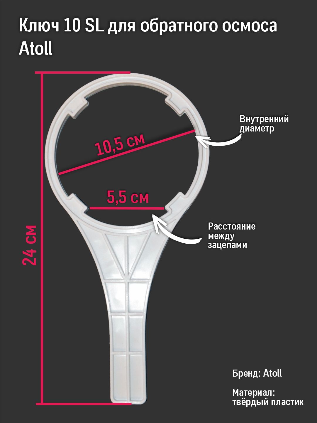 Ключ для колб обратного осмоса и проточных систем Raifil,Atoll Aqua PRO и др. стандарта 10 SL с продольными ребрами жесткости