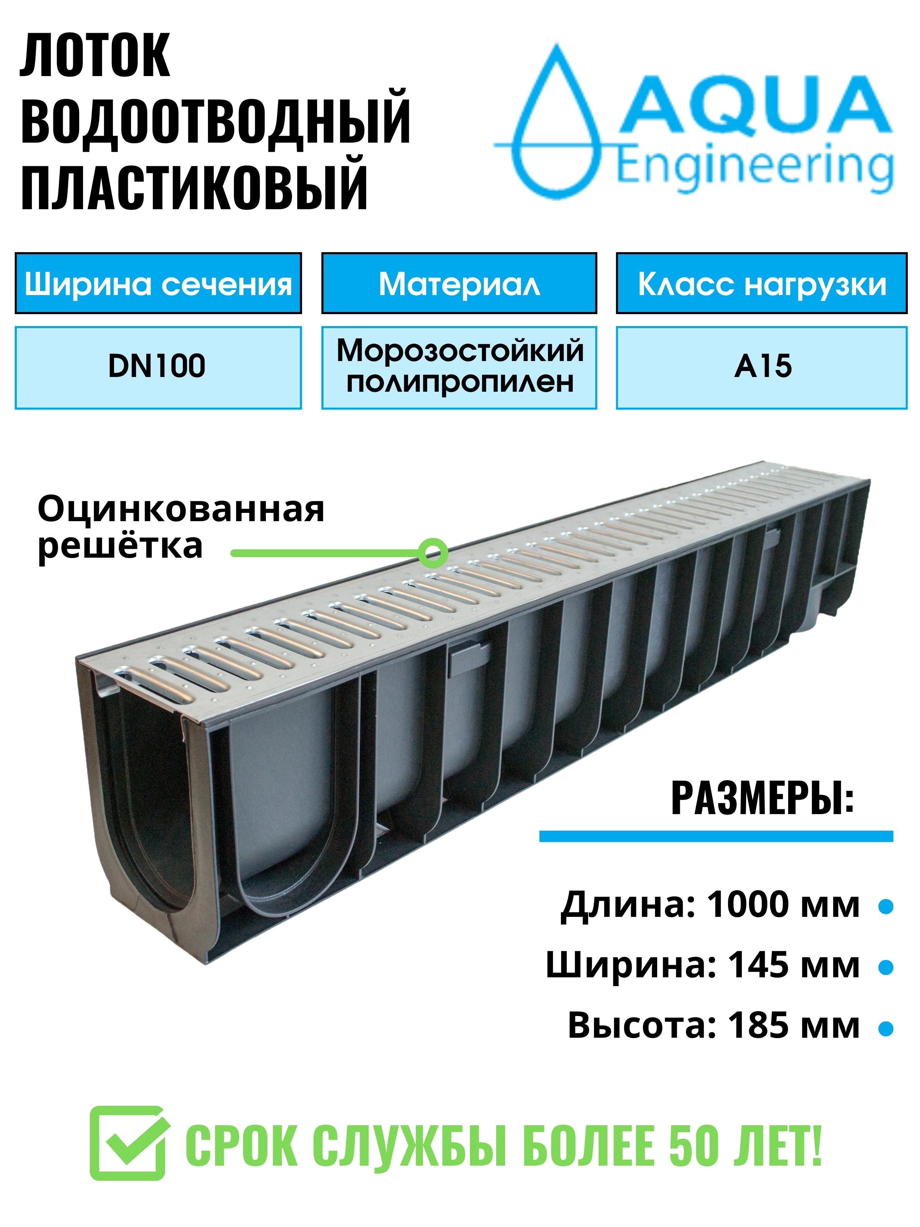 Лоток водоотводный пластиковый, дренажный, с штампованной решёткой из оцинкованной стали, 1000x145x185 мм.
