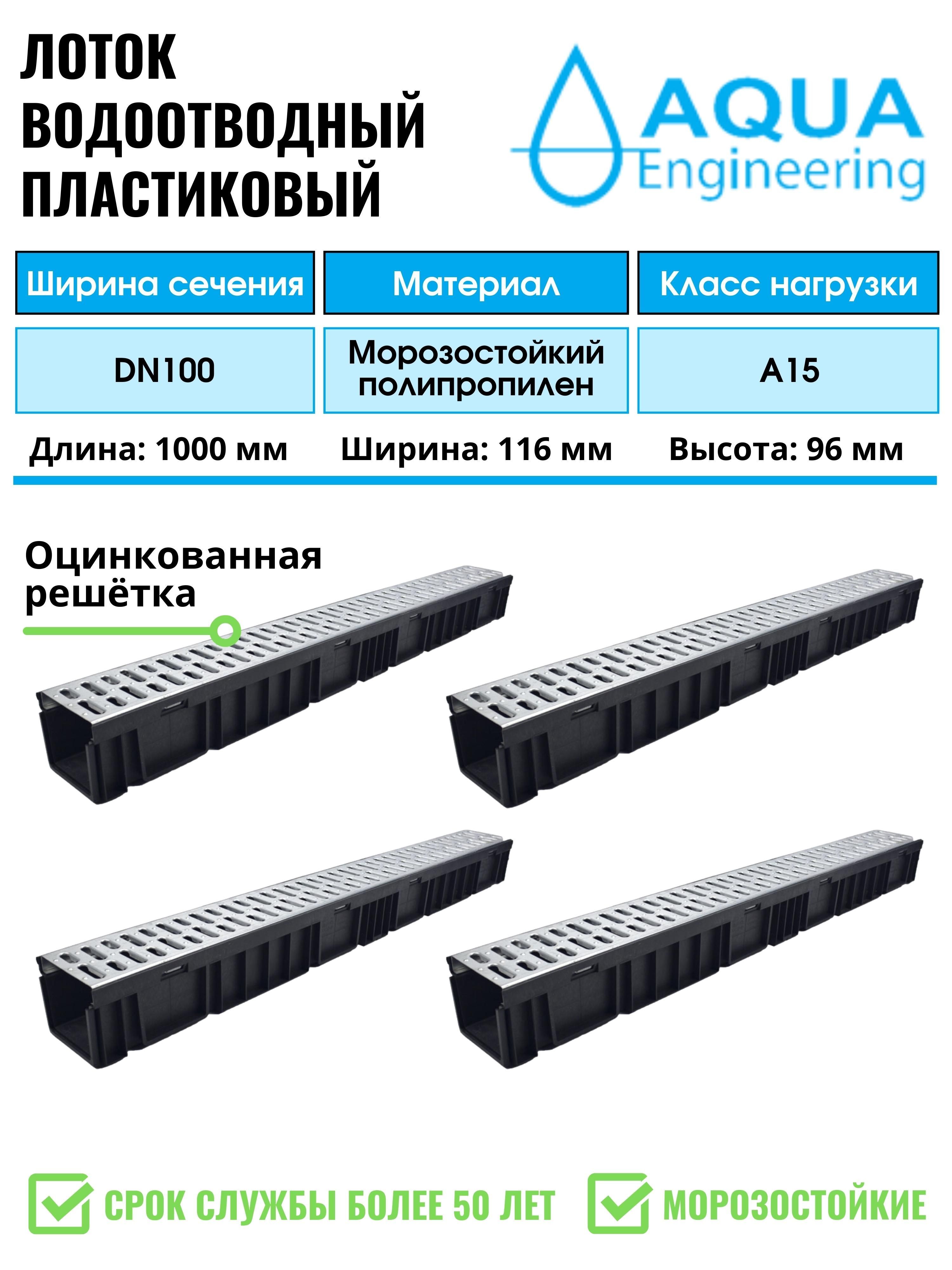 Лоток водоотводный пластиковый дренажный, с решеткой штампованной оцинкованной, 1000x116x96 (4 шт)