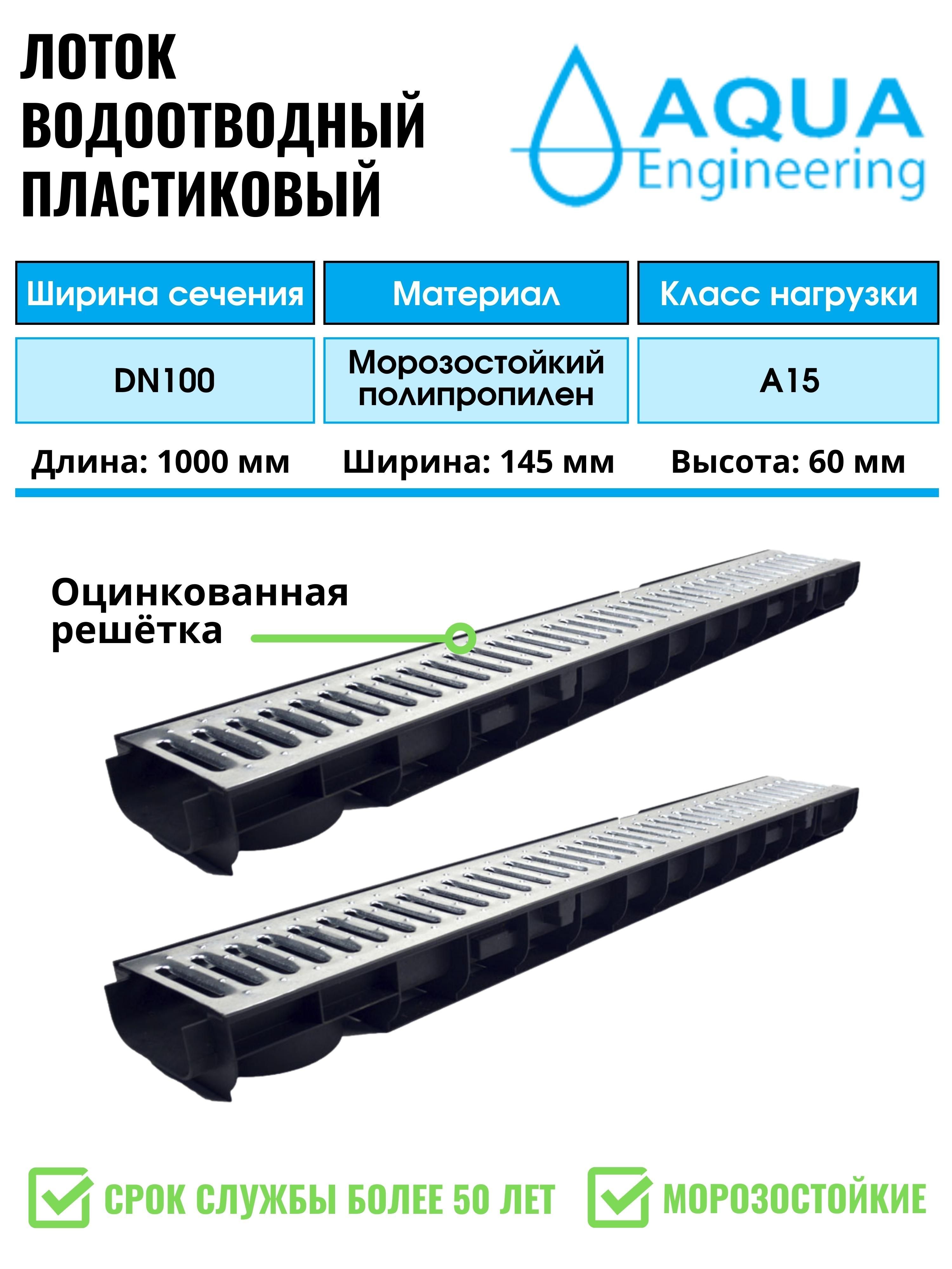 Лоток водоотводный пластиковый дренажный, с решеткой штампованной оцинкованной, 1000x145x60 (2 шт)