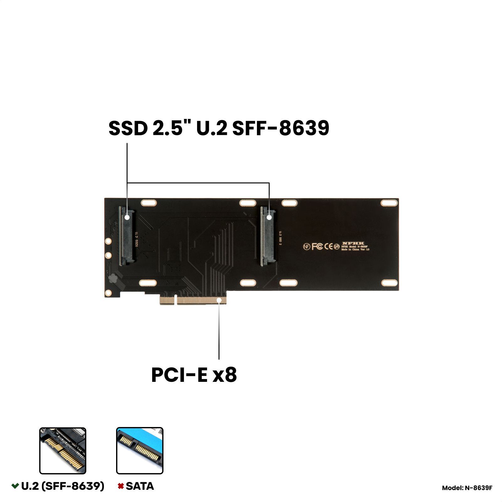 Адаптер-переходник (плата расширения) для установки 2 накопителей SSD 2.5" U.2/U.3 SFF-8639 PCI-E NVMe в слот PCI-E x8, черный, N-8639F