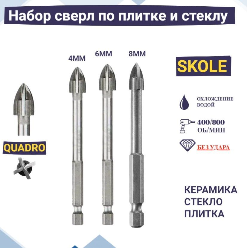 Сверлопостеклуикерамике4,6,8ммSKOLEчетырехгранное(QUADRO)сшестиграннымхвостовиком