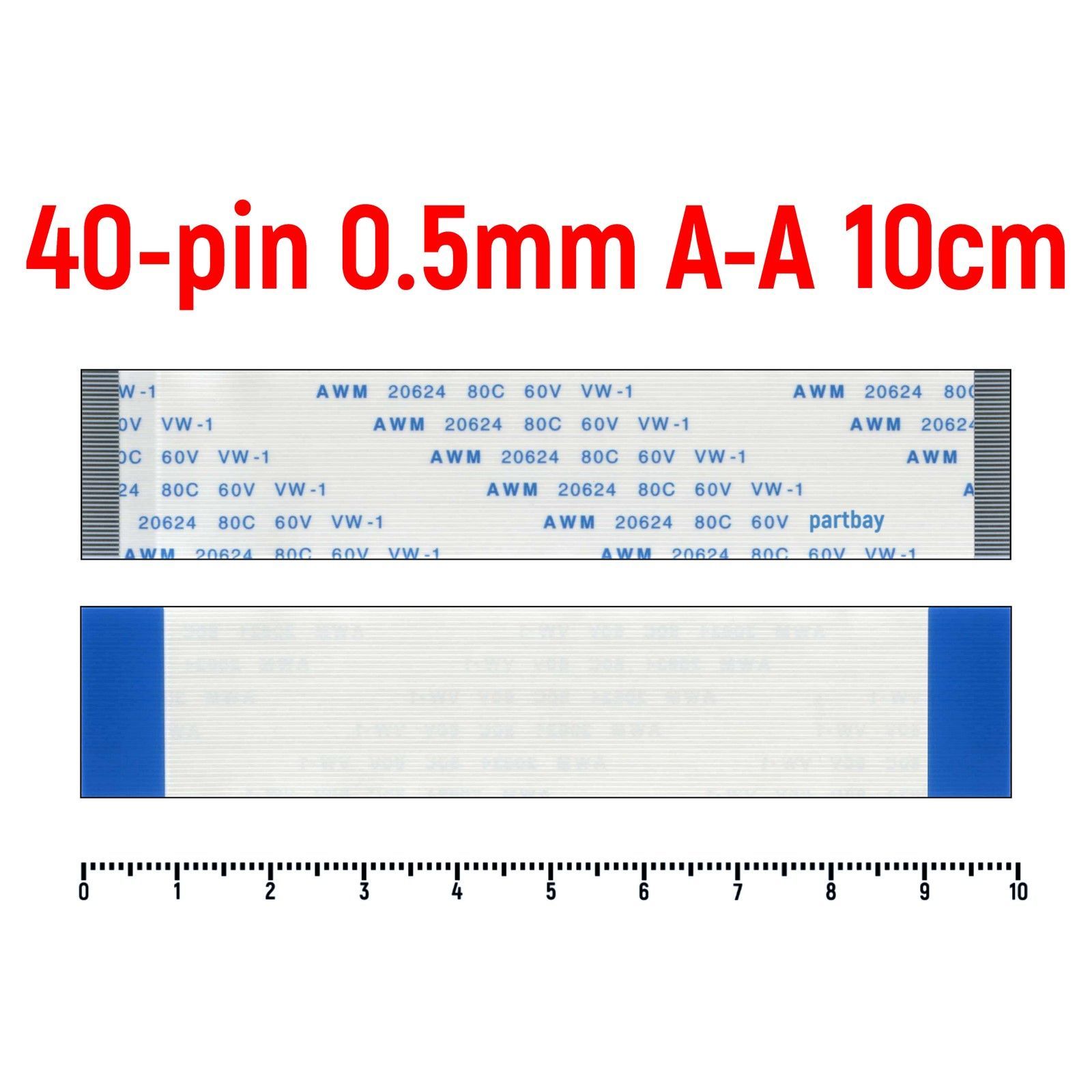 Шлейф FFC 40-pin Шаг 0.5mm Длина 10cm Прямой A-A AWM 20624 80C 60V VW-1