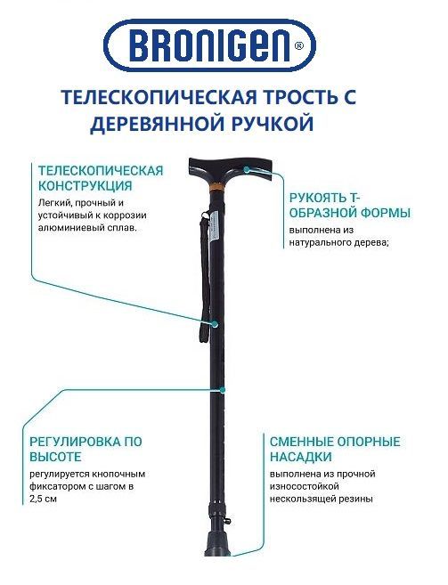 Тростьинвалиднаярегулируемаяопорная,сУПСидеревяннойручкойарт.BOC-200,BRONIGEN