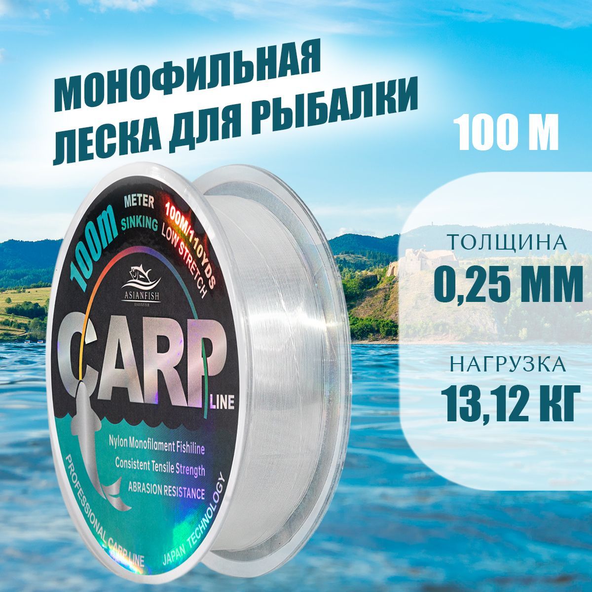 ASIANFISH Монофильная леска для рыбалки, размотка: 100 м, толщина: 0.25 мм