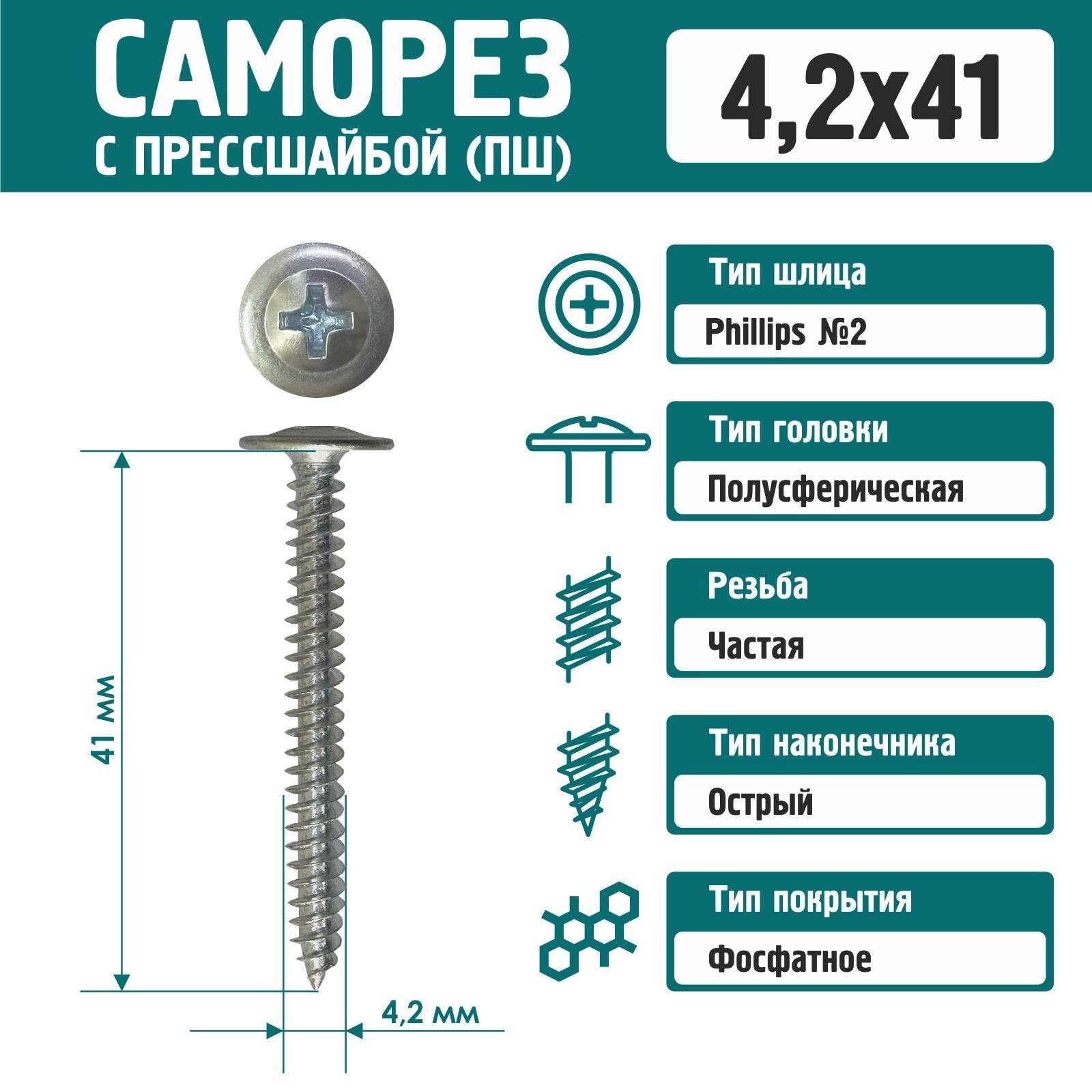 Саморез Rizzel с пресшайбой острый 4,2х41 цинк (500 шт)