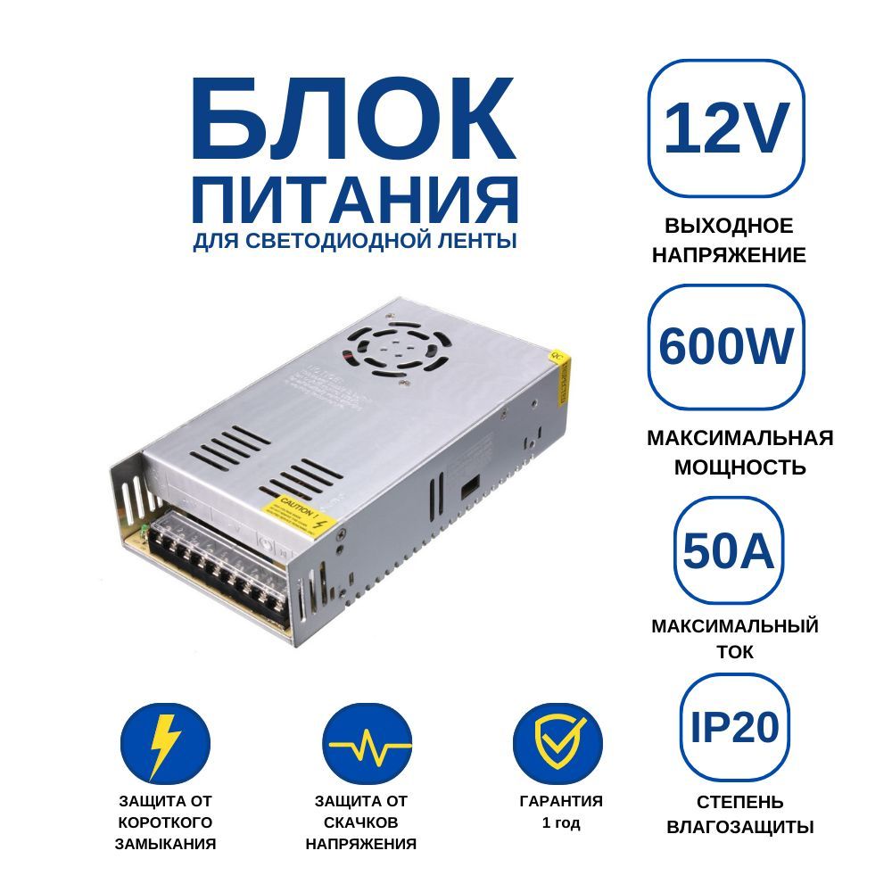 Блок питания 50А 600W 12V IP0 coller для светодиодной ленты, светильника.