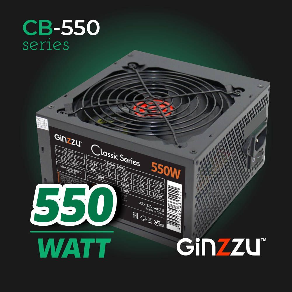 БлокпитанияGinzzu550W(CB550)ATX,12CM,20+4p,CPU(4+4),PCI-E(6+2),4*SATA,3*IDE,кабельпитания