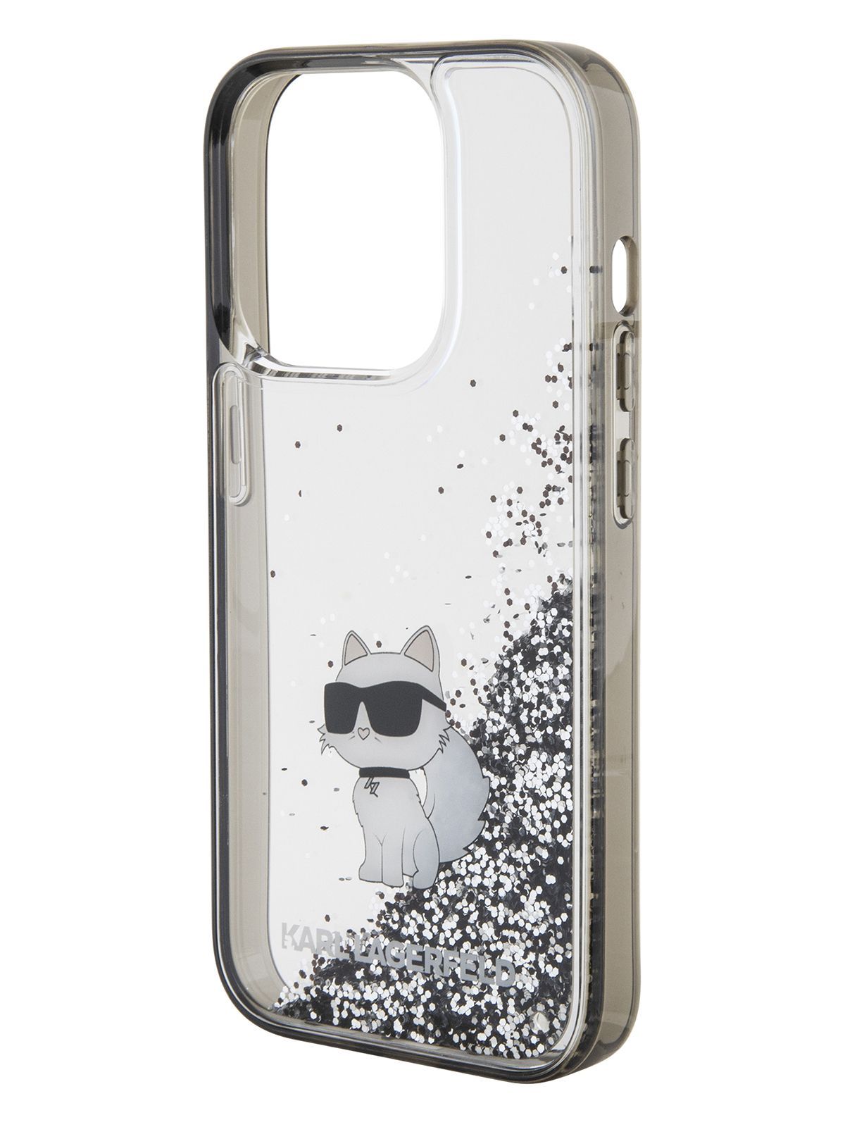 Чехол Karl Lagerfeld Liquid Glitter на iPhone 15 Pro / для Айфон 15 Про  двухслойный с гелем и блестками, с защитой камеры, с принтом NFT Choupette,  прозрачный с черным бампером - купить