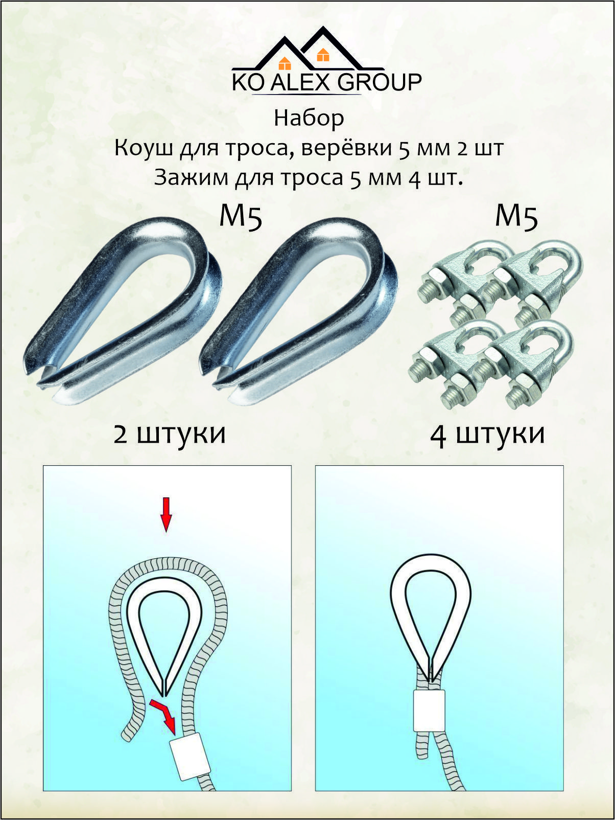 Набор.Коушдлятроса,верёвки5мм,2шт.ЗажимDIN7415мм,4шт.