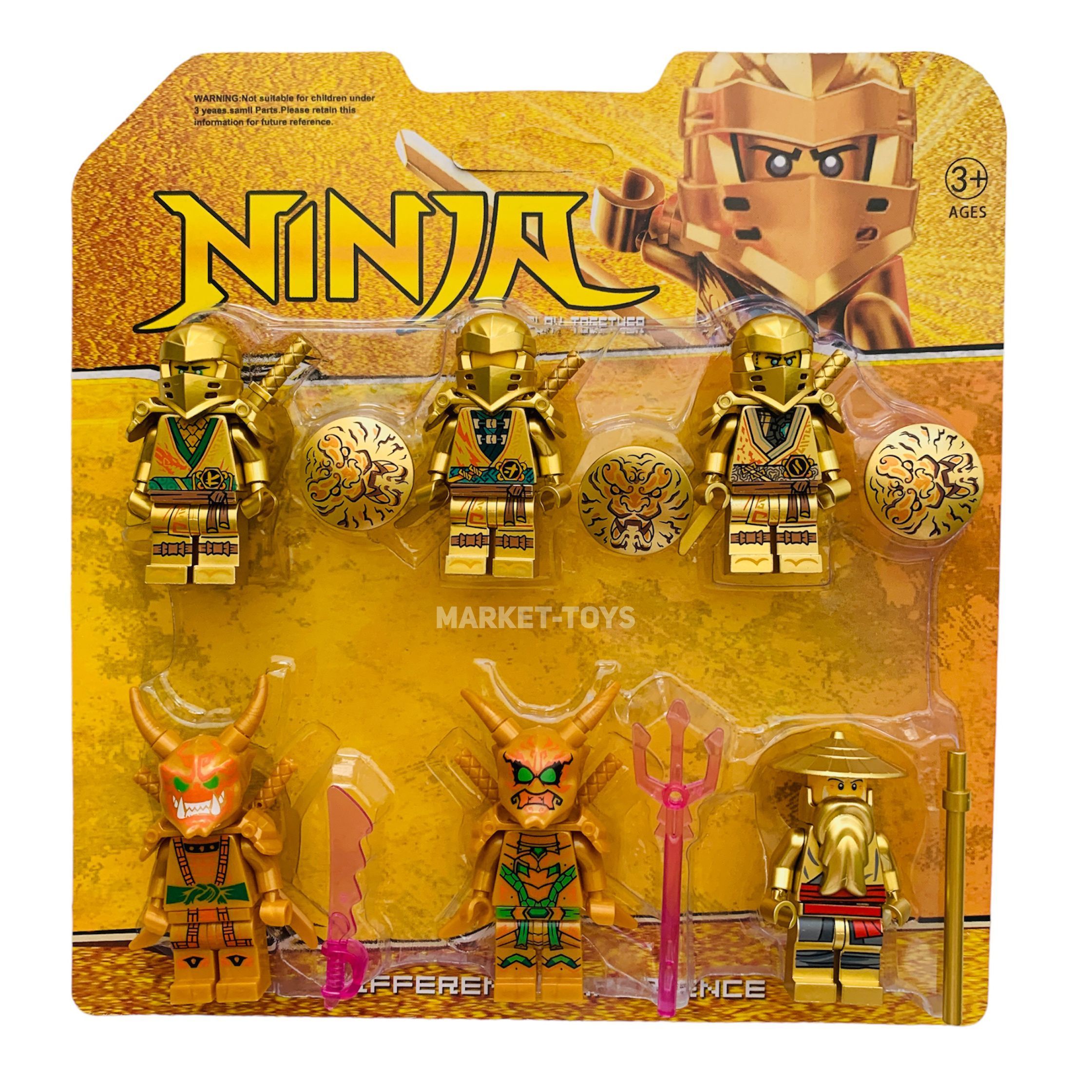 Набор фигурок Ниндзяго золотые / Минифигурки Ниндзя Ninjago Gold с оружием,  6 шт / Человечки Ninja с аксессуарами, совместимые с Лего