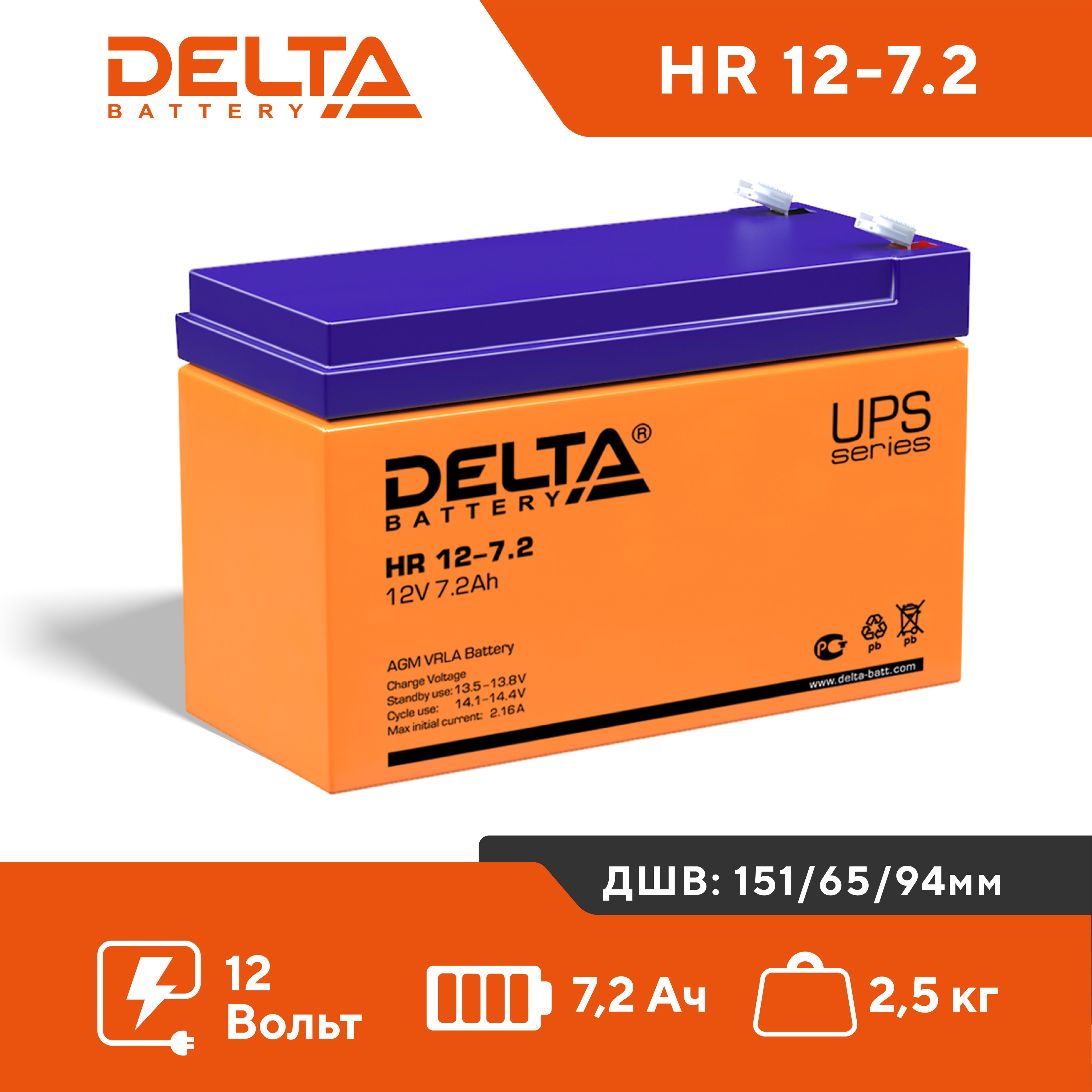 УниверсальнаябатареяDeltaHR12-7,212V7,2AhAGMVRLA