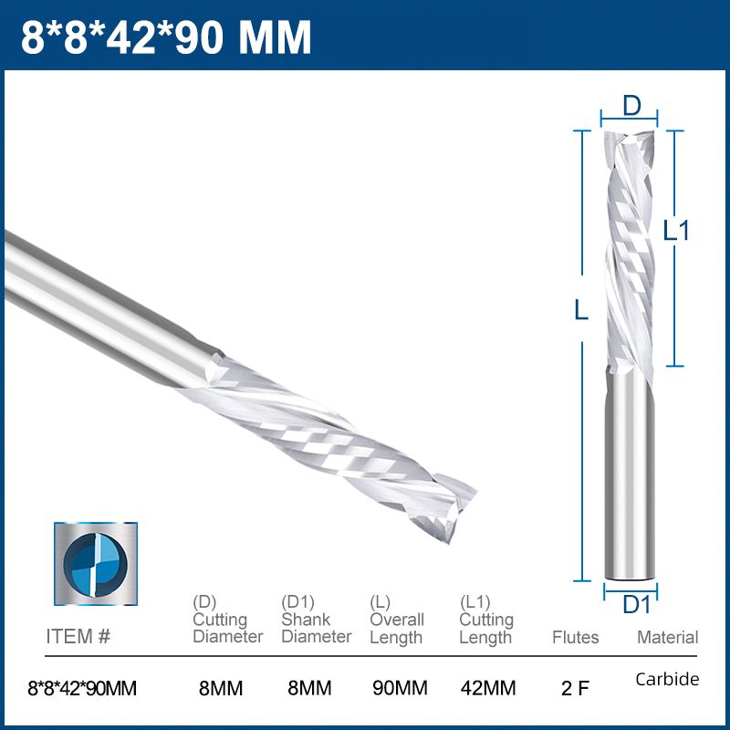 Фреза компрессионная двухзаходная 8х42х90мм для чпу фрезерного станка