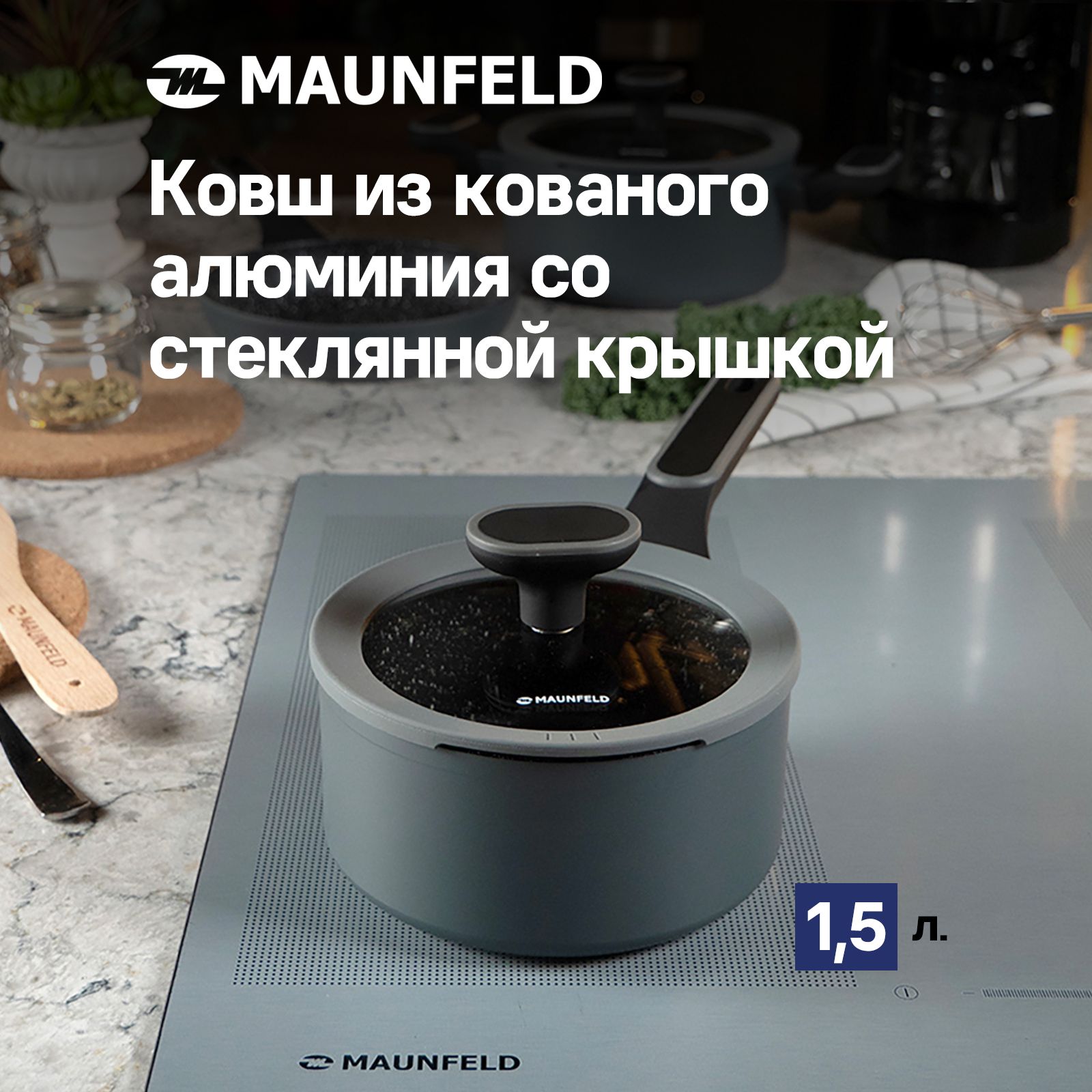 КовшMAUNFELDFRIDAMSP15FA02DGизкованогоалюминиясостекляннойкрышкой,16см,1,5л.Товаруцененный