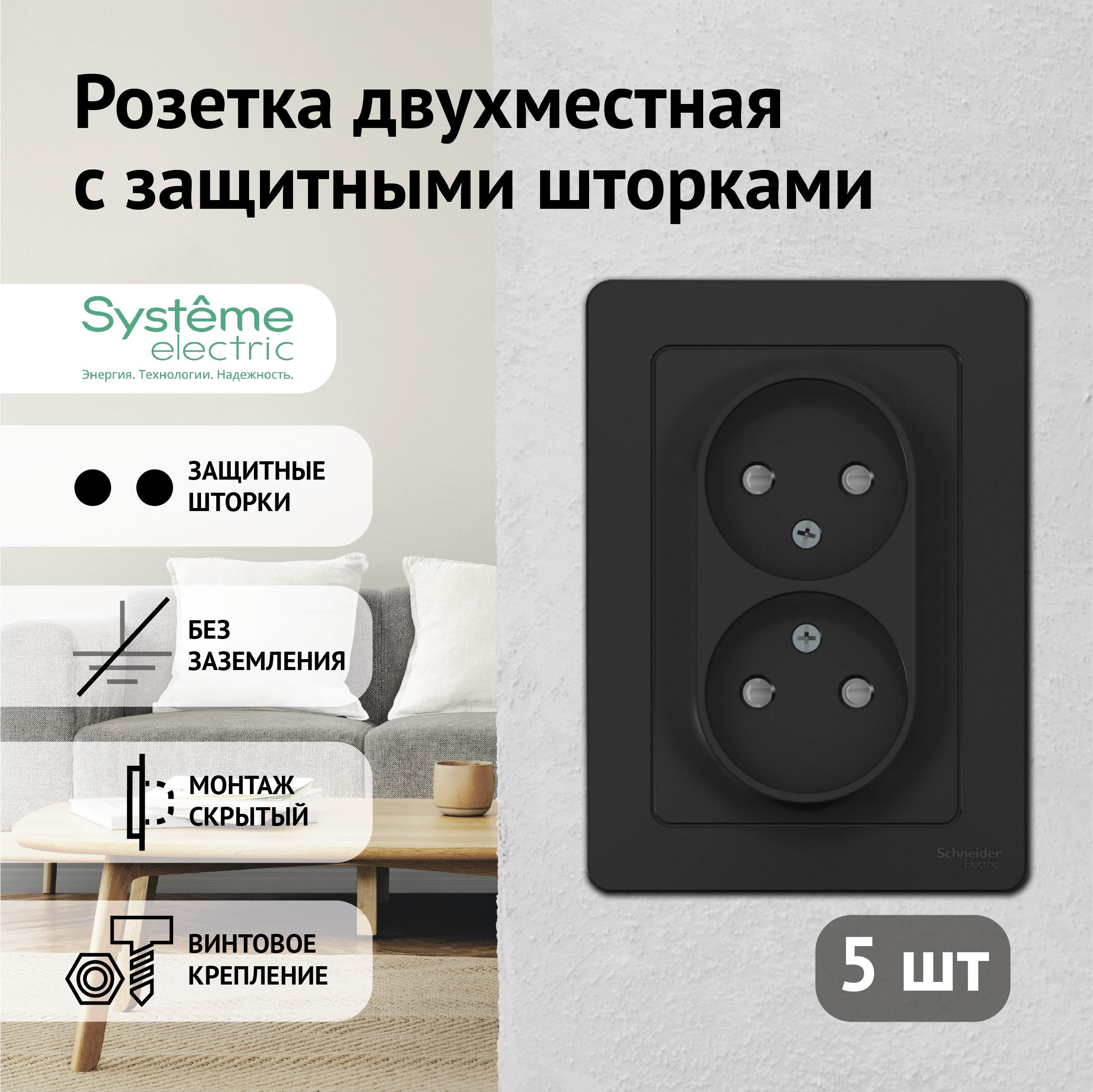 Розетка Schneider Electric Blanca двойная без заземления с защитными  шторками антрацит (комплект из 5 шт) - купить по низкой цене в  интернет-магазине OZON (410861802)