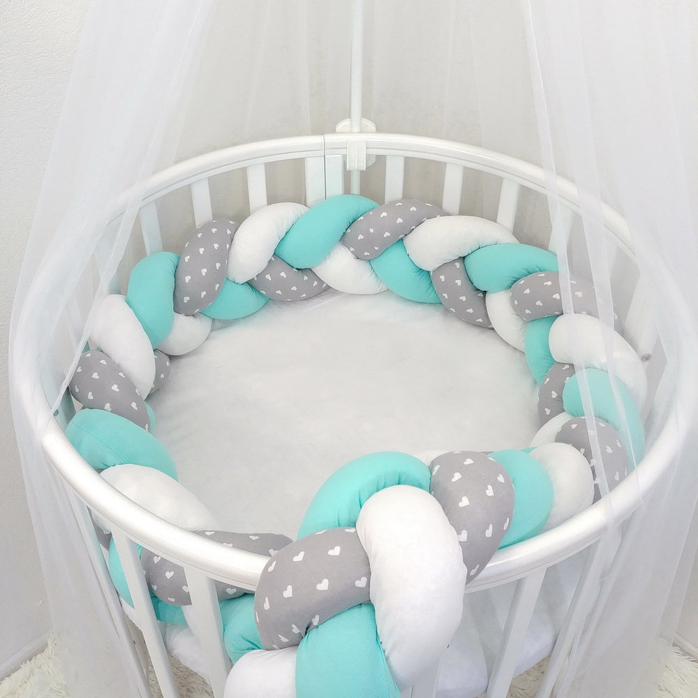 Бортик коса из хлопка 220 см. в детскую кроватку для новорожденного. Мятный, белый, серый. "Мятные сны" #1