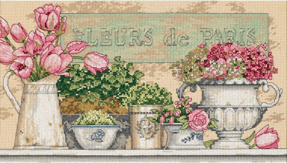 Цветы из парижа вышивка купить бело розовый букет тюльпанов