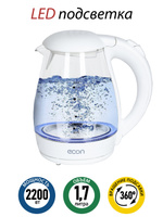 Электрический чайник ECON 1,7 л, стеклянный, с LED подсветкой, 2200 Вт, белый, прозрачный. Спонсорские товары