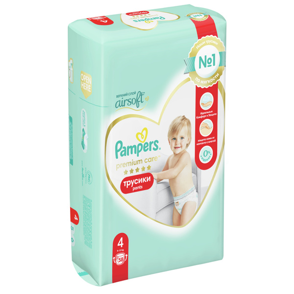 Подгузники трусики Pampers Premium Care, Размер 4, 58 Трусиков, 9кг ...